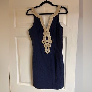 Lily Pulitzer Navy Valli Shift Dress with gold embroidery